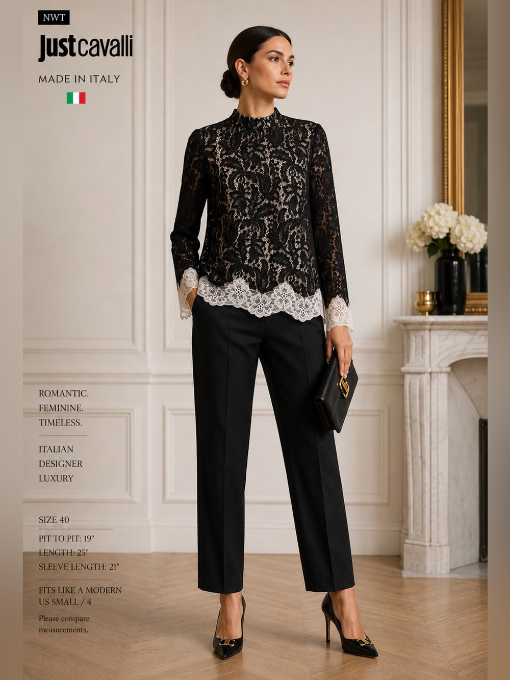 Just Cavalli Black Lace Blouse White Trim Italy Size  IT 40 | US 4 NWT